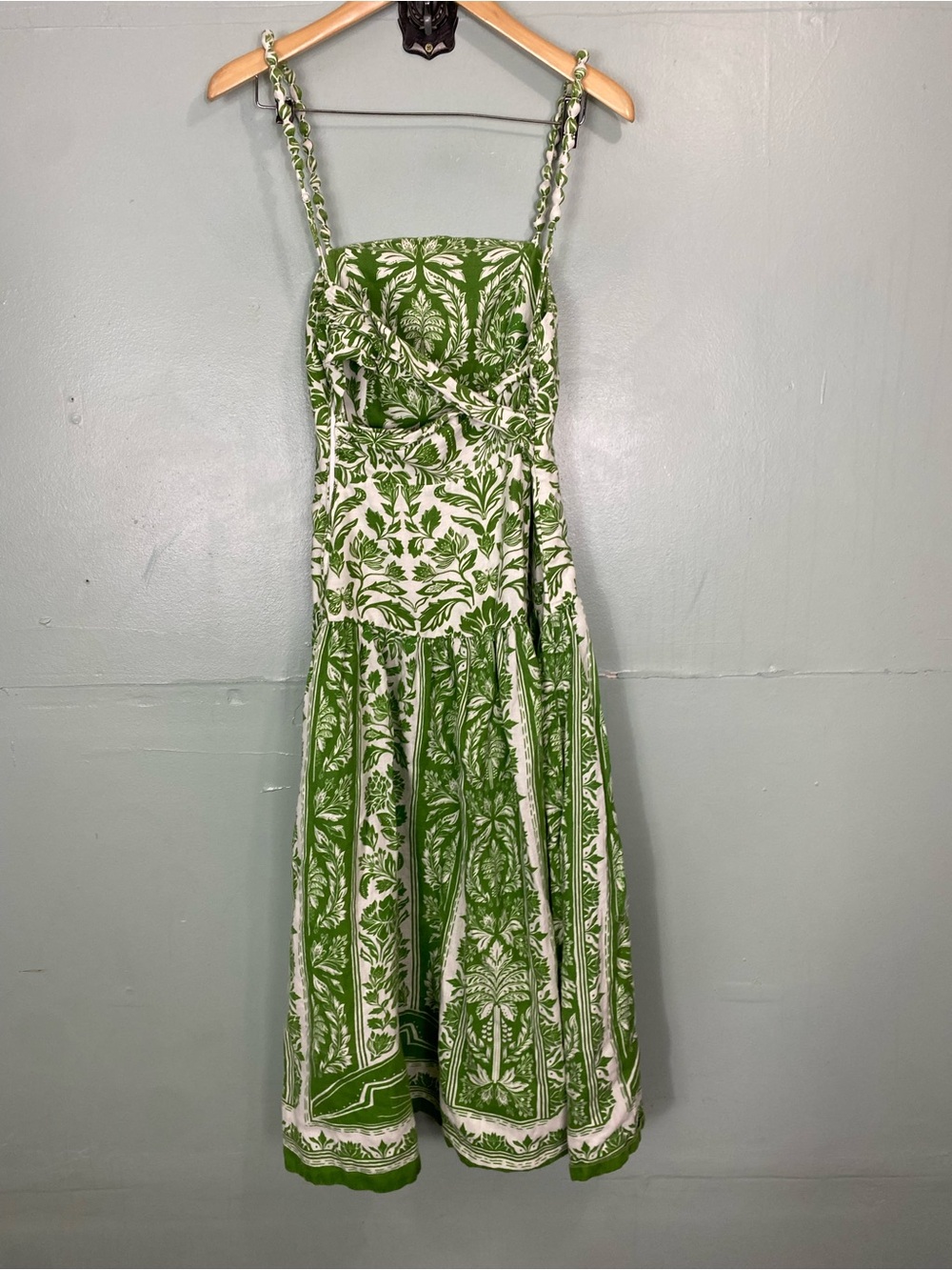 Farm Rio Delicate Tapestry Linen Drop Waist Midi Dress Green Small - Picture 6 of 12